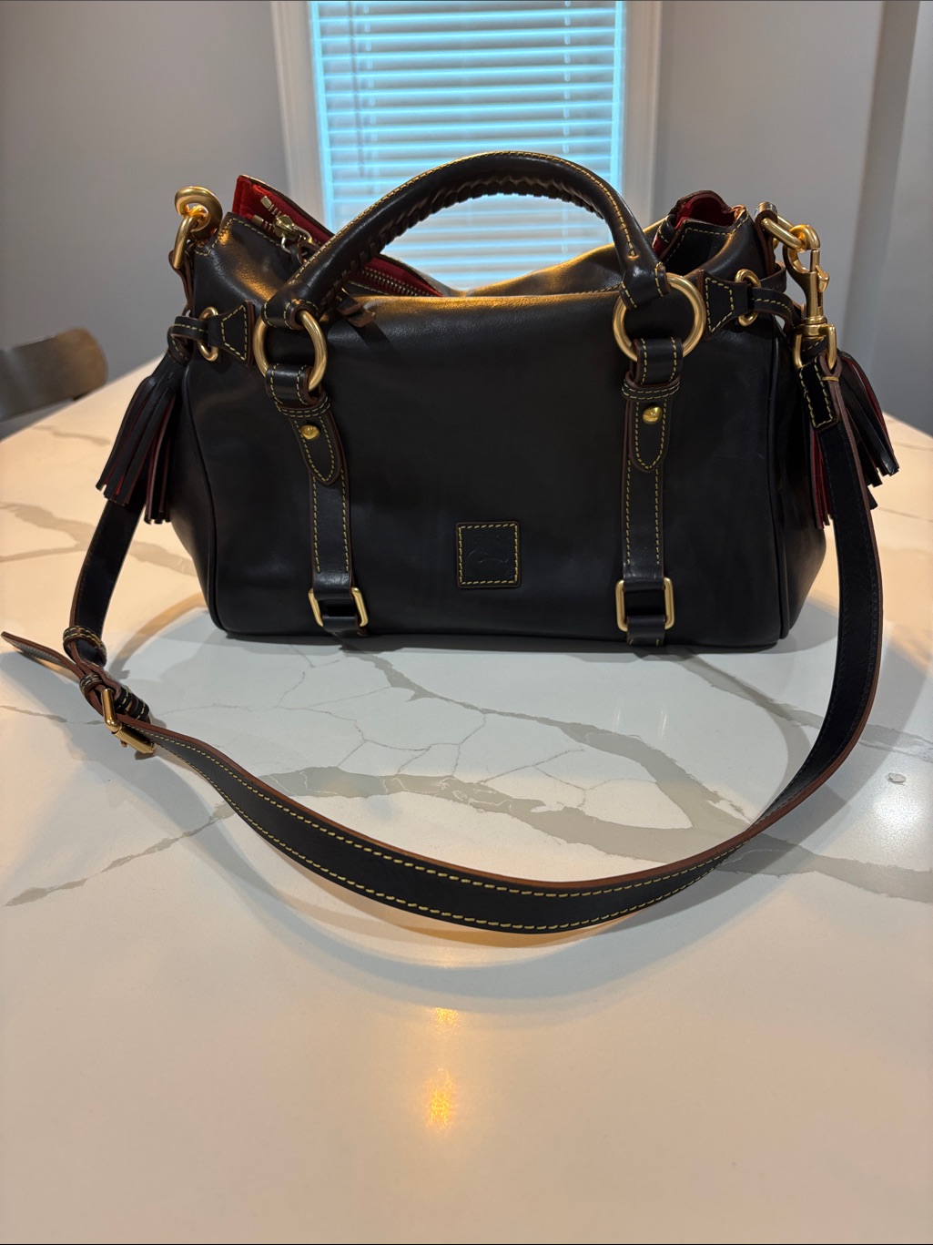 Dooney & Bourke Navy Blue Leather Satchel With Gold Hardware And Red Trim